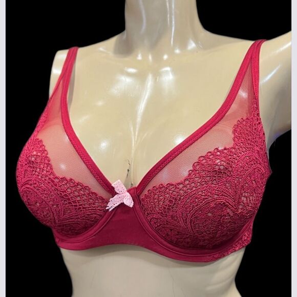 Victorias Secret Body Unlined Demi Crochet Lace / mesh detail bra Ruby Red 32DDD - Picture 7 of 7